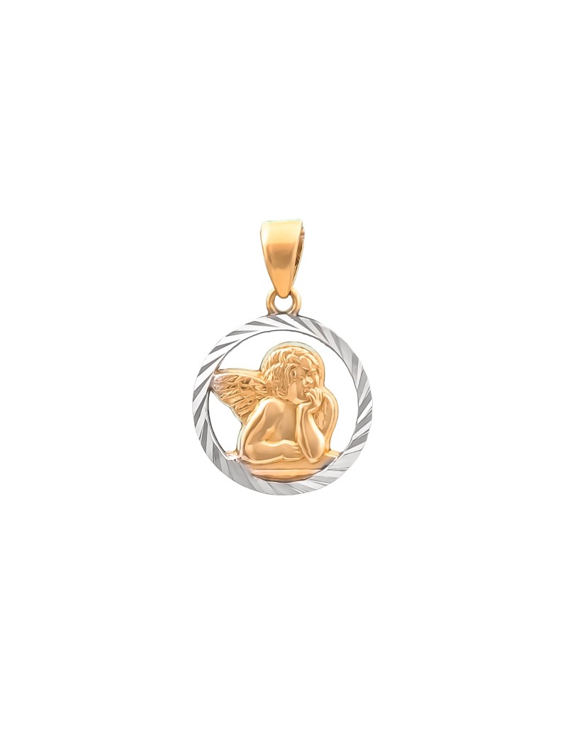 Złoty Okrągły Medalik Aniołek Z Białym Złotem