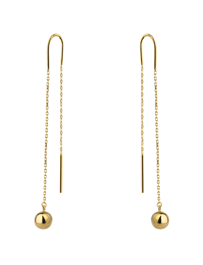 Złote kolczyki przewlekane gładkie kulki na łańcuszku