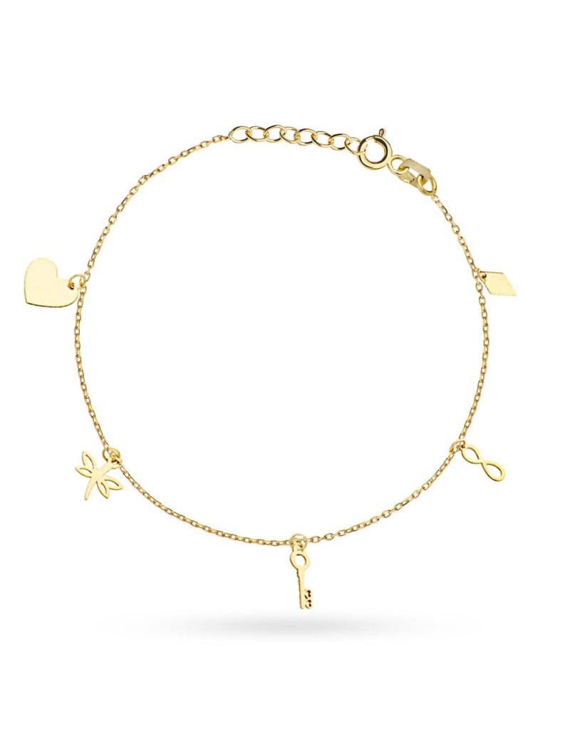 Bransoletka na nogę z elementami serce, ważka, kluczyk, nieskończoność i romb