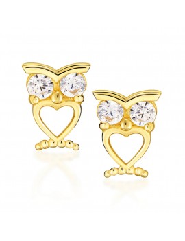 Kolczyki złote sówki z serduszkiem i z cyrkoniami