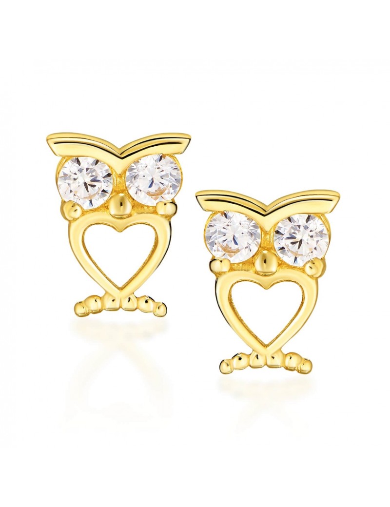 Kolczyki złote sówki z serduszkiem i z cyrkoniami