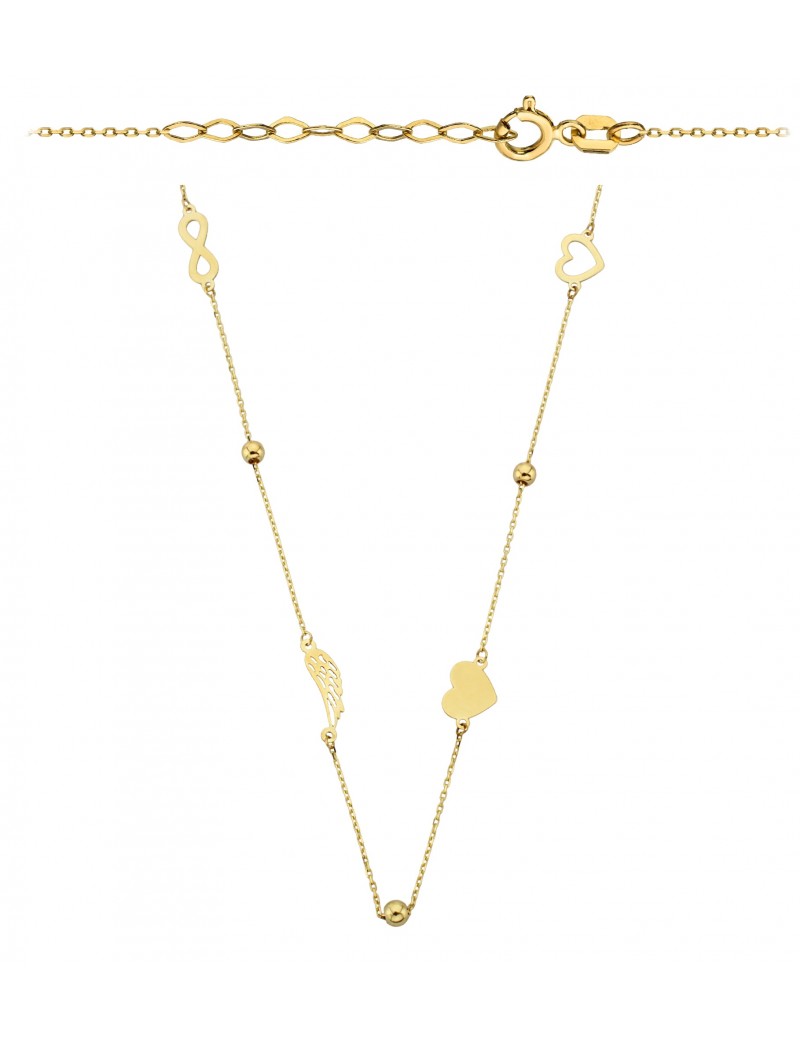 Naszyjnik nieskończoność gładkie kulki, skrzydło Anioła, serca pełne i kontur