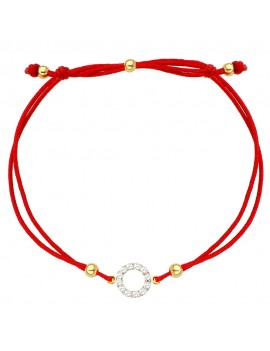 Bransoletka złoty ring z cyrkoniami na czerwonym sznurku