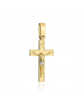 Krzyż złoty satynowy ze zdobieniem z ukrzyżowanym Jezusem