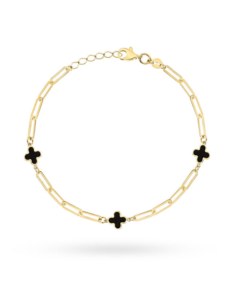 Bransoletka złota długie ogniwa i czarne koniczynki