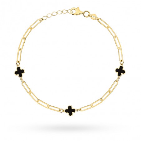 Bransoletka złota długie ogniwa i czarne koniczynki