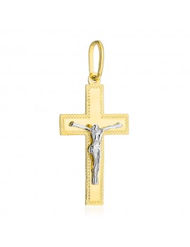 Krzyżyk złoty zdobiony diamentowaniem z Jezusem w dwóch kolorach złota duży