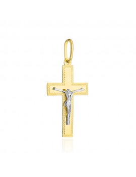 Krzyżyk złoty zdobiony diamentowaniem z Jezusem w dwóch kolorach złota średni