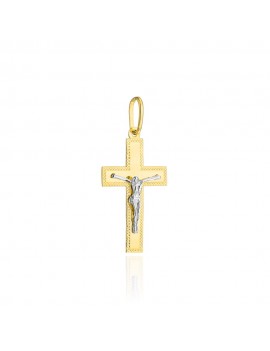 Krzyżyk złoty zdobiony diamentowaniem z Jezusem w dwóch kolorach złota