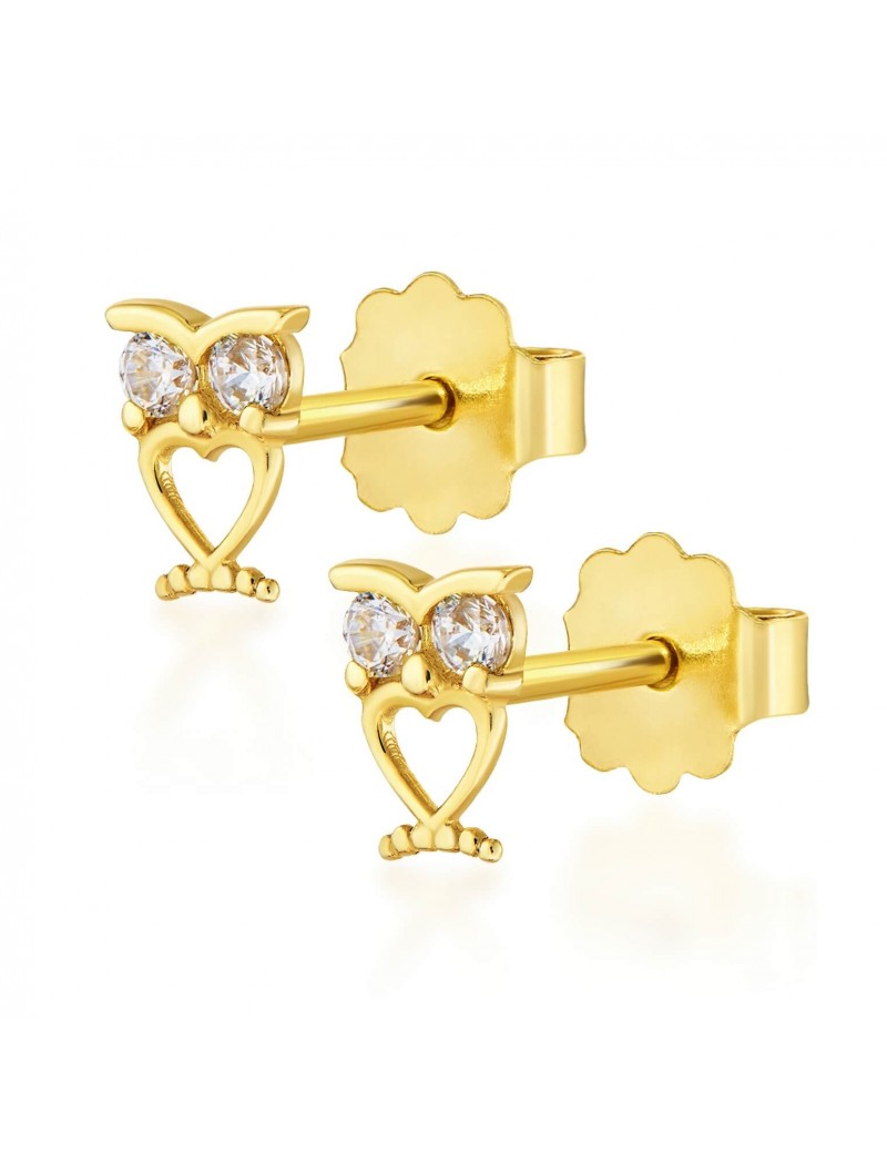 Kolczyki złote sówki z serduszkiem i z cyrkoniami