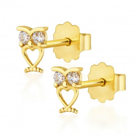 Kolczyki złote sówki z serduszkiem i z cyrkoniami