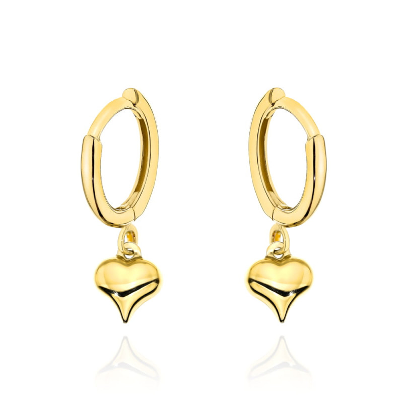 Kolczyki złote kółeczka z jednostronnie diamentowanym sercem