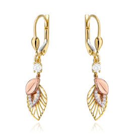 Kolczyki złote listki zdobione cyrkoniami w trzech kolorach złota
