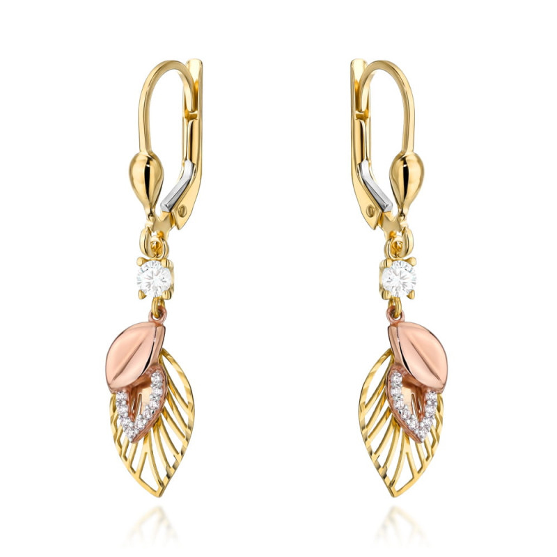 Kolczyki złote listki zdobione cyrkoniami w trzech kolorach złota