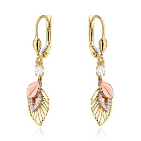 Kolczyki złote listki zdobione cyrkoniami w trzech kolorach złota
