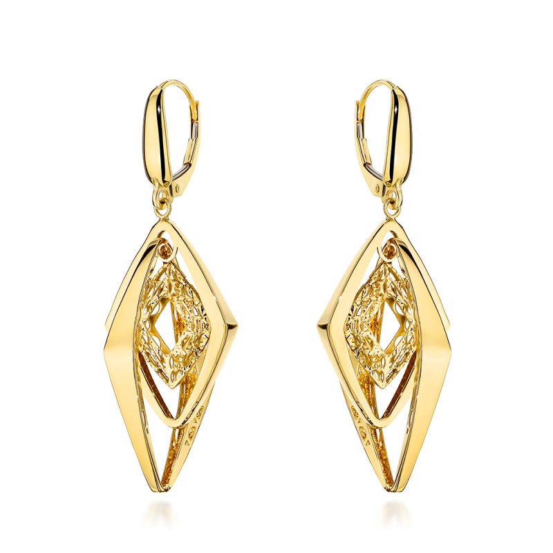 Kolczyki złote potrójne gładkie romby zdobione ażurem