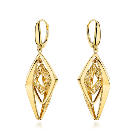 Kolczyki złote potrójne gładkie romby zdobione ażurem