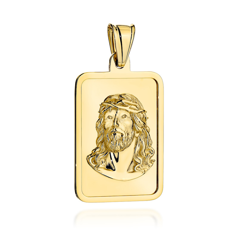 Medalik złoty z wypukłym wizerunkiem Jezusa na dużej gładkiej blaszce