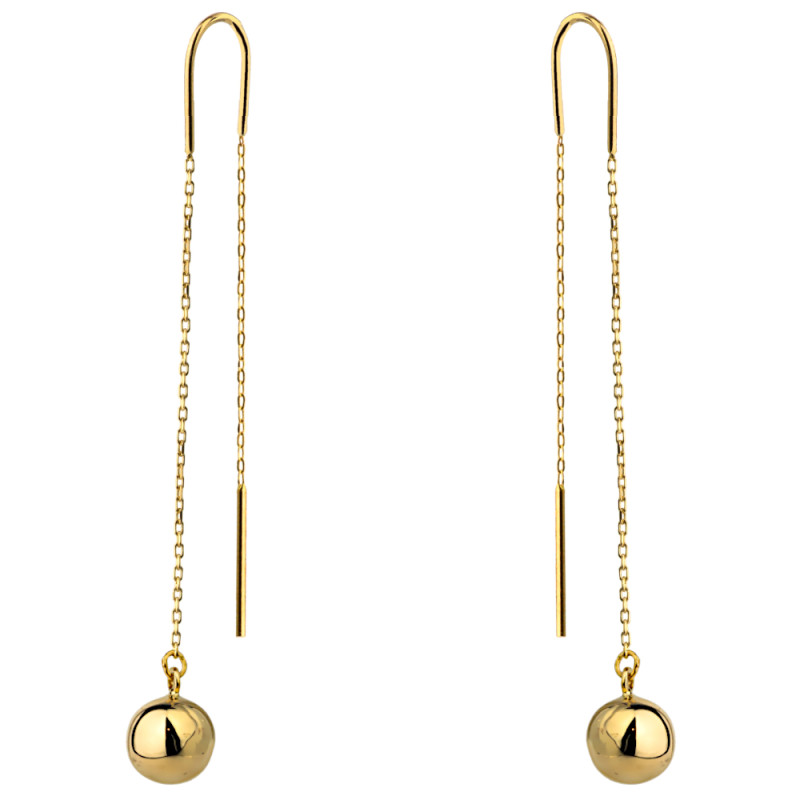Złote kolczyki przewlekane gładkie kulki na łańcuszku
