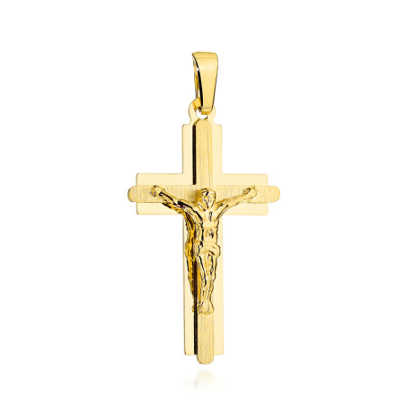 Krzyżyk złoty satynowy w błyszczącej oprawie z ukrzyżowanym Jezusem
