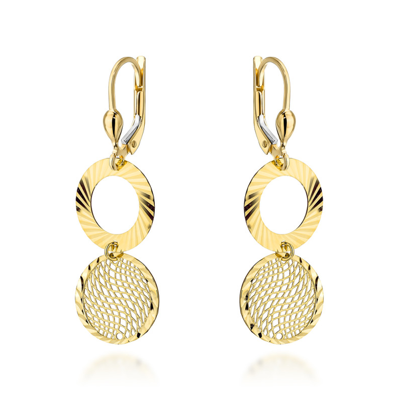 Kolczyki złote wiszące diamentowany ring i ażurowe kółko