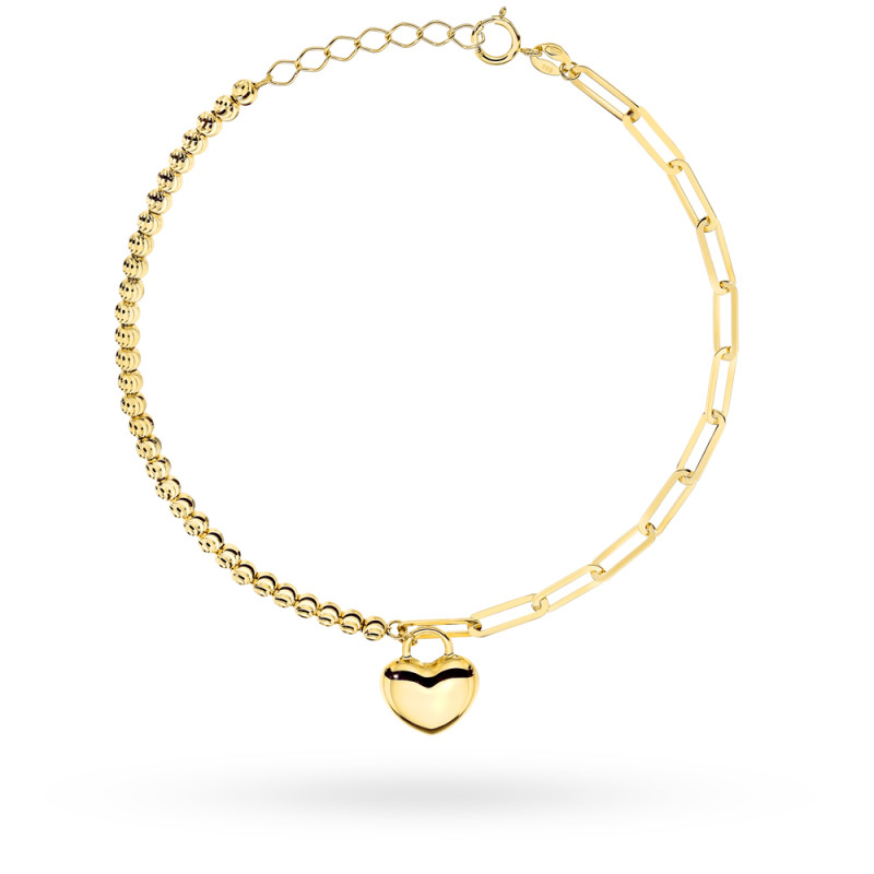 Bransoletka złota długie ogniwa, diamentowane kulki i gładkie serce