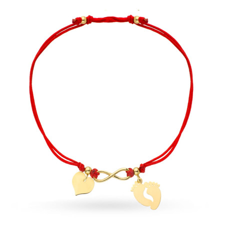 Bransoletka stópki, nieskończoność i serce na czerwonym sznurku