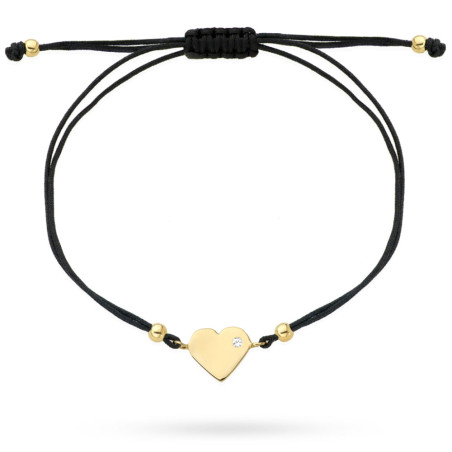 Bransoletka złote serce z cyrkonią na czarnym sznurku
