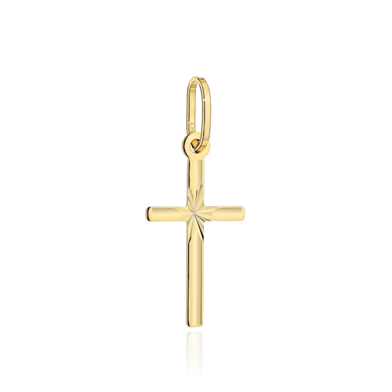 Krzyżyk złoty żłobiony z diamentowaniem średni