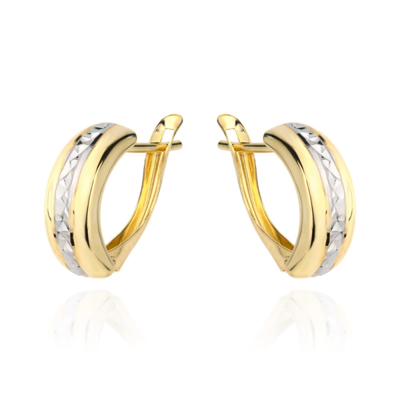 Kolczyki w dwóch kolorach złota z centralnym diamentowaniem