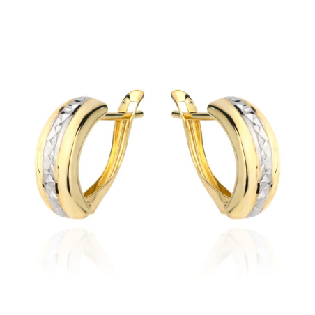 Kolczyki w dwóch kolorach złota z centralnym diamentowaniem