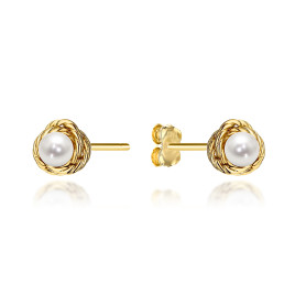 Kolczyki złote z perłą w plecionej oprawie