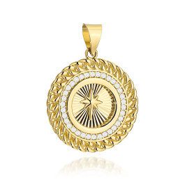 Gold braided circle pendant with cubic zirconia, diamond-cut finish and North Star